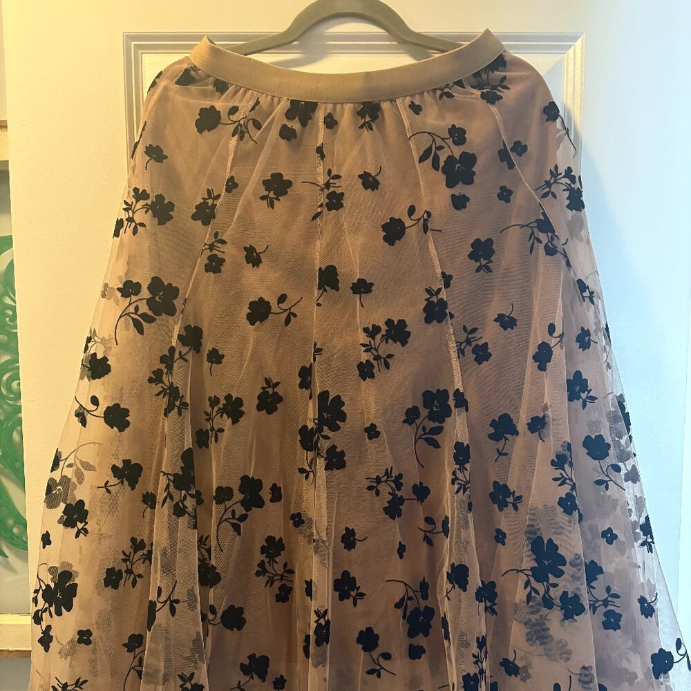 Party Princess Nude Tulle Skirt with Flocked Velvet Flowers - Never Worn!